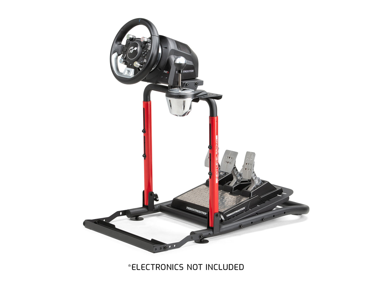 Next level racing nlr-s040 wheel stand lite 2. 0 | zložljivo in nastavljivo stojalo za sim dirkanje | do 10 nm | črno rdeča | stojalo za volan 1 Next level racing wheel stand lite 2. 0 nlr-s040 s pritrjenim gaming volanom in pedali
